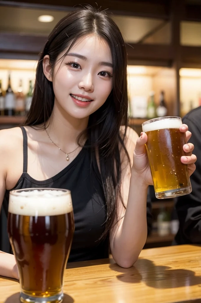 , Young and pretty Korean woman, Long Hair, Realistic, At the club, Have a beer, Laughter
