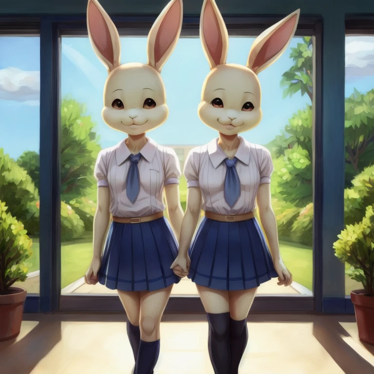 Masterpiece, best quality, Haru bunny, wears serufuku, hands in the back, standing in the school, sunny day