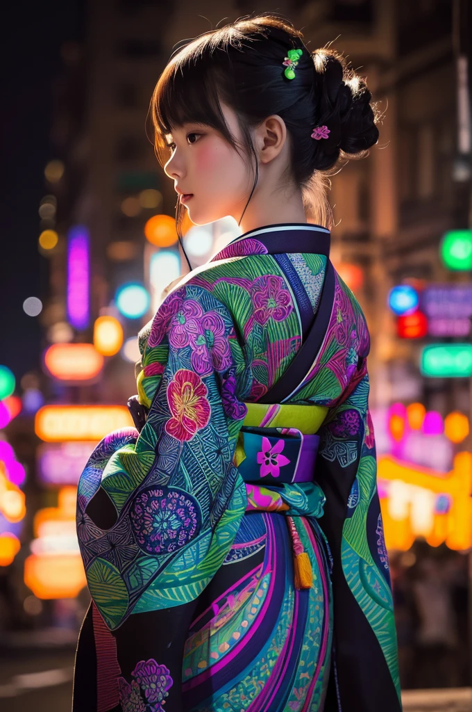 A highly detailed and high definition illustration of a girl wearing a kimono with neon color lines. The background is black, creating a strong silhouette. The artwork incorporates Zentangle and Pointillism styles, with intricate patterns and dots forming the neon lines on the kimono. The overall effect is striking and visually engaging, with the neon colors standing out vividly against the dark background.