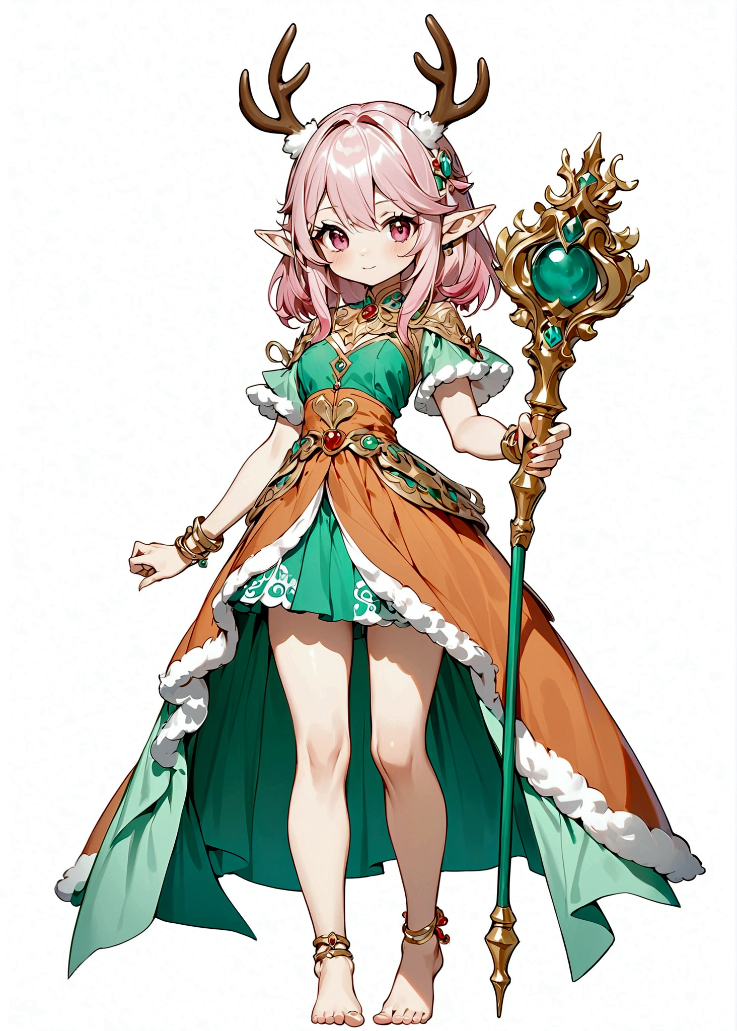 Cartoon anime style,beautiful girl,Fluffy pink hair,antlers,Elf ears,orangeskirt,Scepter,Standing barefoot,Foot ring。(((Correct human anatomy)))