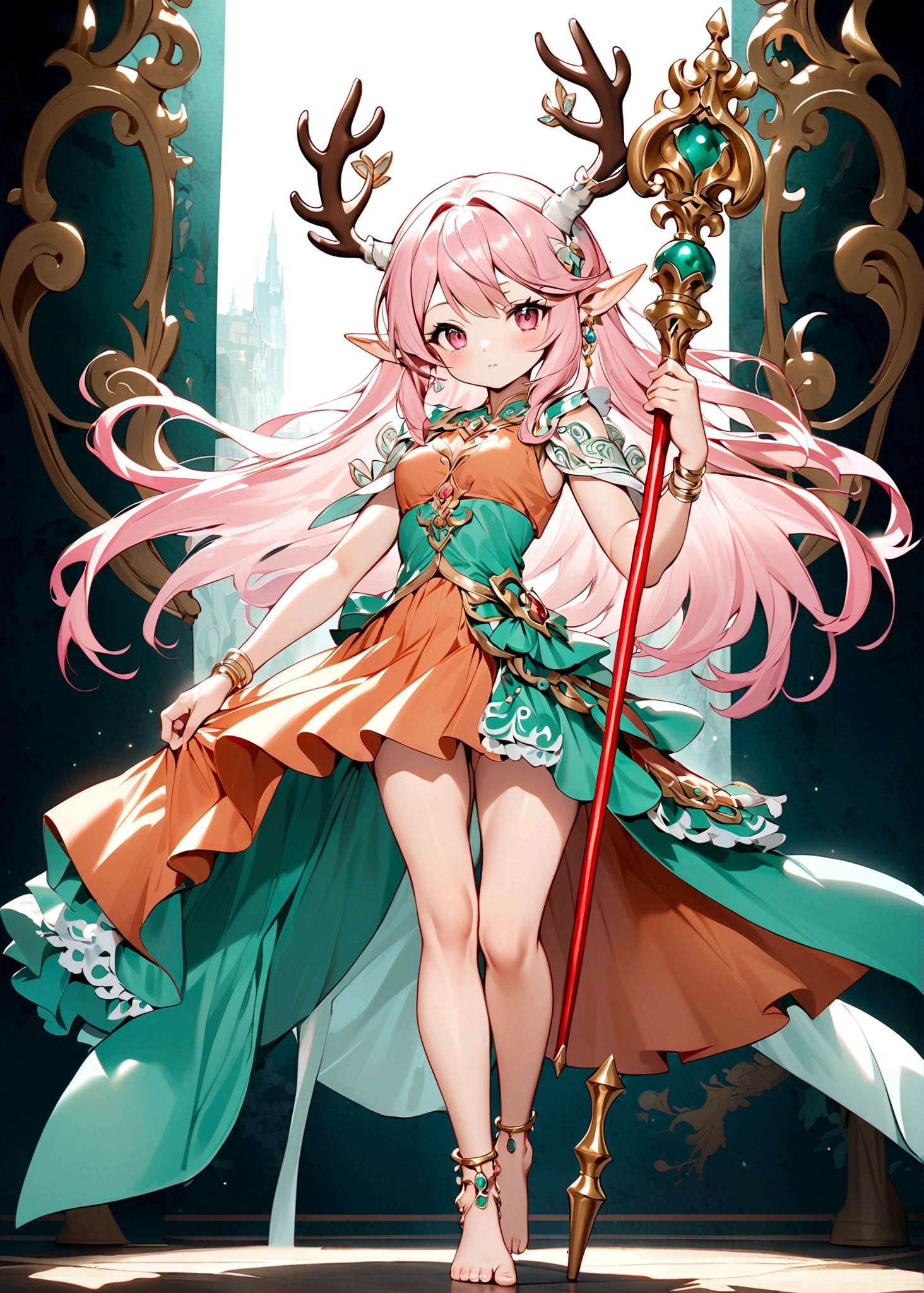 Cartoon anime style,beautiful girl,Fluffy pink hair,antlers,Elf ears,orangeskirt,Scepter,Standing barefoot,Foot ring。(((Correct human anatomy)))