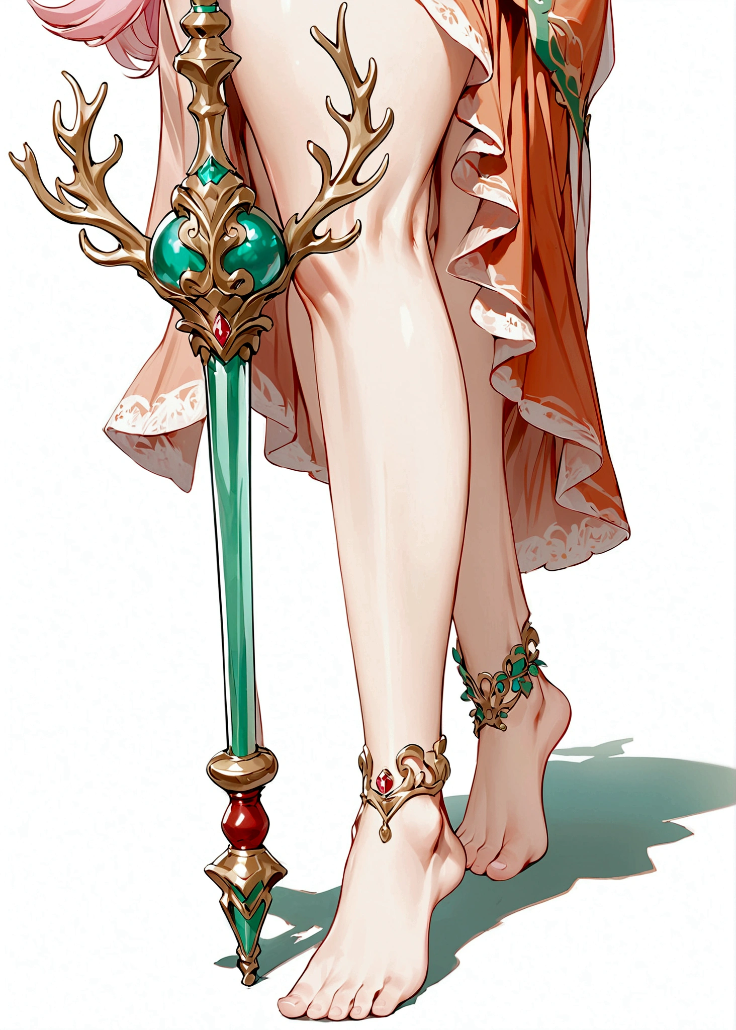 Cartoon anime style,beautiful girl,Fluffy pink hair,antlers,Elf ears,orangeskirt,Scepter,Standing barefoot,Foot ring。(((Correct human anatomy)))