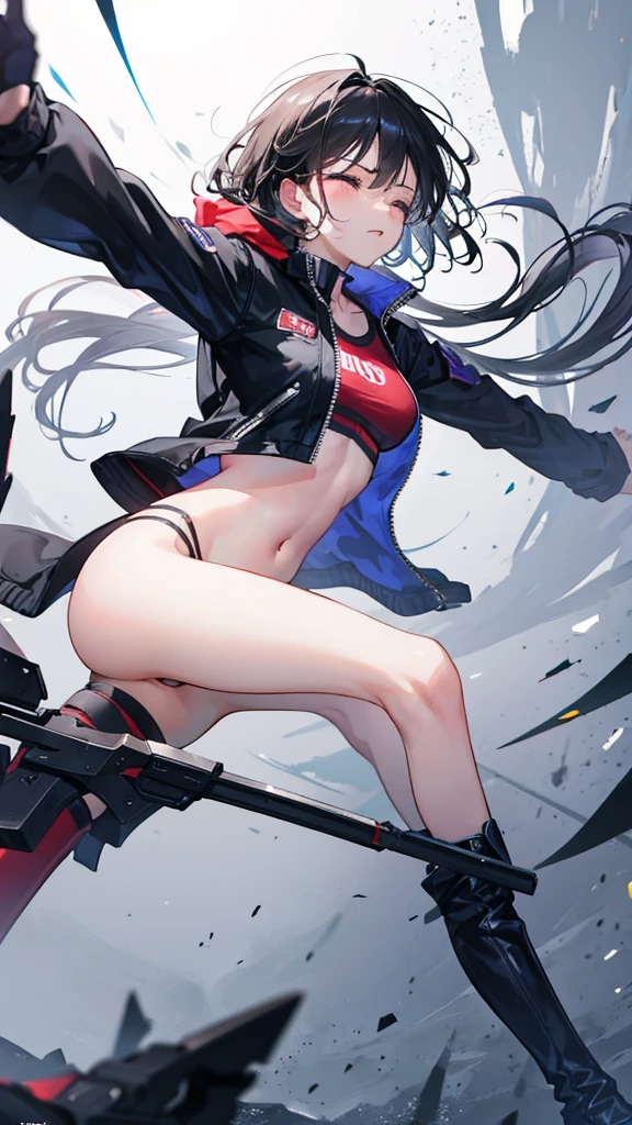 Girl, Thin legs, Navel exposed, Wearing boots, Being attacked by enemies, He closes his eyes in pain and cries, Wearing a jacket