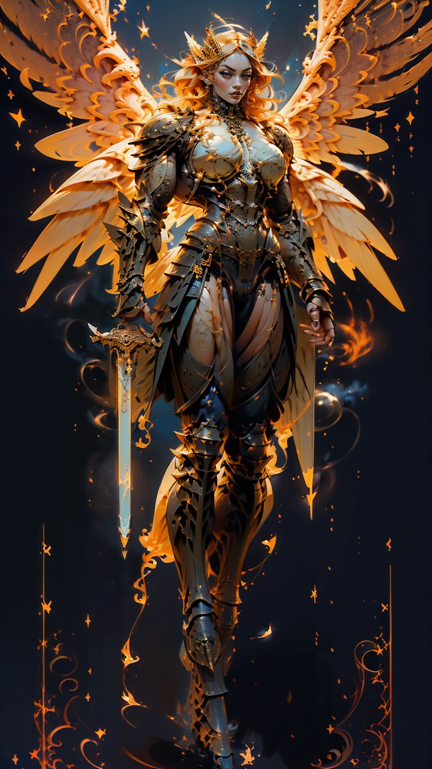 (cara delevingne), ((((((1 muscular angel girl)))))), (((huge upper body))), long hair, ((((huge angelic wings))), (((intricate ornate angelic full body armor))), ((((full body front view)))), (((perfect hands, perfect fingers))), (((tarot style background)))