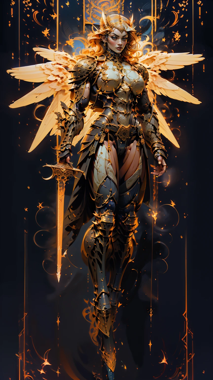 (cara delevingne), ((((((1 muscular angel girl)))))), (((huge upper body))), long hair, ((((huge angelic wings))), (((intricate ornate angelic full body armor))), ((((full body front view)))), (((perfect hands, perfect fingers))), (((tarot style background)))