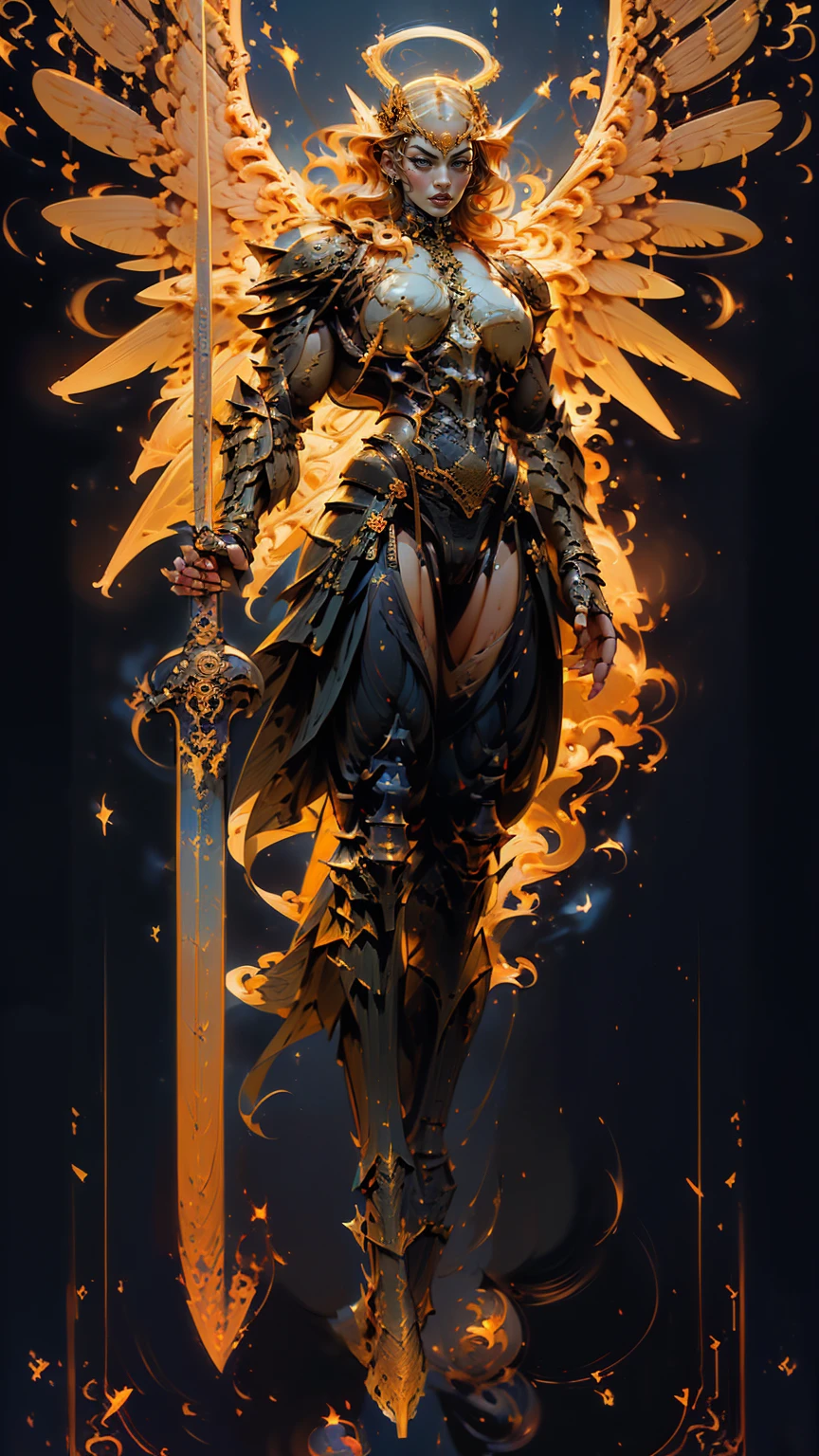 (cara delevingne), ((((((1 muscular angel girl)))))), (((huge upper body))), long hair, ((((huge angelic wings))), (((intricate ornate angelic full body armor))), ((((full body front view)))), (((perfect hands, perfect fingers))), (((tarot style background)))