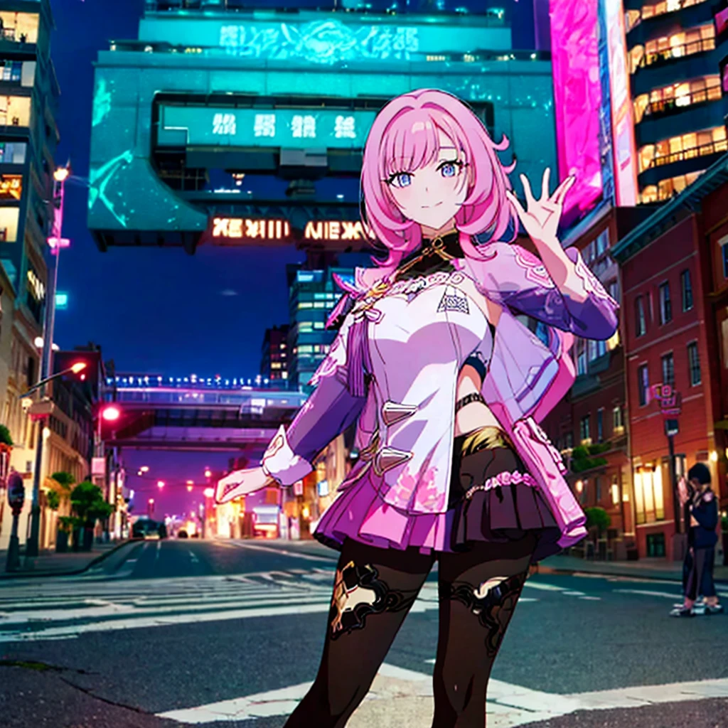 masterpiece, best quality, Extremely detailed, 4K, City background, Standing on the street, girl,Pink Hair ,Smile, Handpiece Style