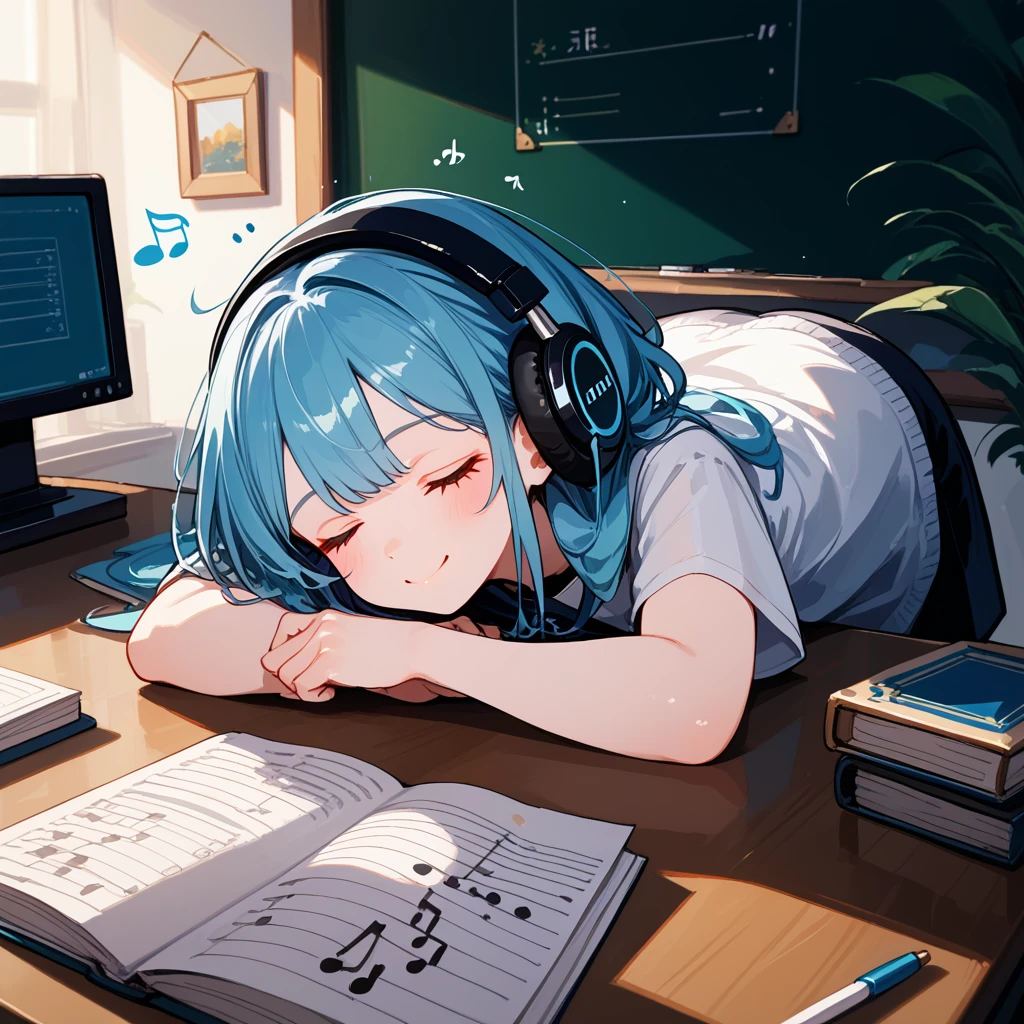 score_9, score_8_up,score_7_up,flat color,(best quality, masterpiece, ultra high-resolution, ultra-detailed: 1.2), 
A girl sleeping face down on a desk,Close-up ,smiling,(closed eyes),big headphones,
(too many musical-notes are popping out from the headphones),fantasic,
white background,shiny skin,pale skin,