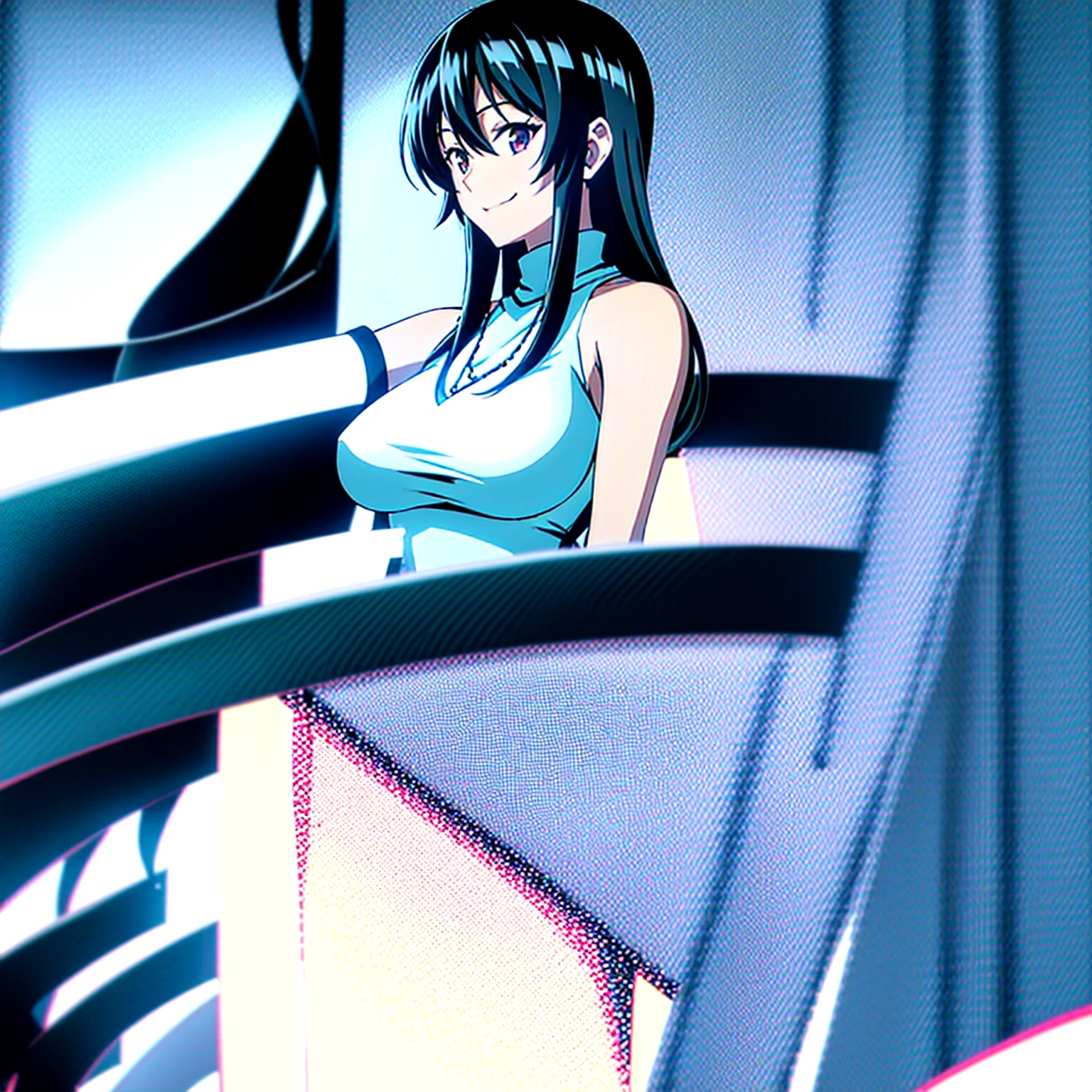 Akeno Himejima, one girl, solo, long hair, black hair, jewelry, necklace, sleeveless, turtleneck, turtleneck dress, breasts, large breasts, very long hair, v arms, looking ahead, smile, cute smile