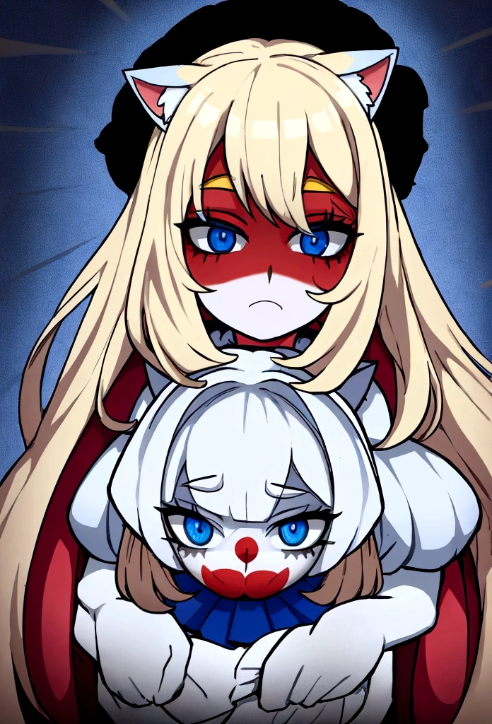 Clown Girl, Blue eyes, medium length loose hair blonde, clown makeup on the face star on the eye, Clown nose, white cat ears, clown costume