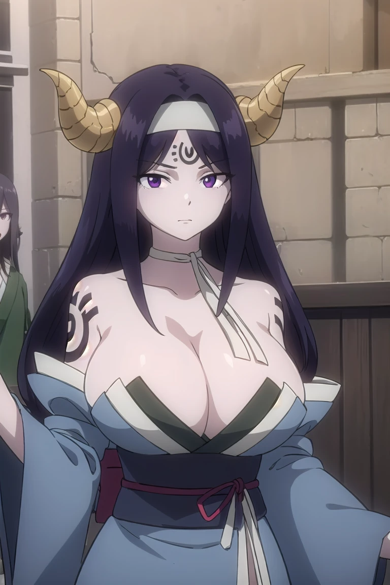 seilah, seilah, long hair, horns, purple hair, facial mark, forehead mark, (purple eyes:1.1), headband, BREAK cleavage, japanese clothes, horns, choker, wide sleeves, kimono, sash, tattoos, BREAK cowboy shot, looking at viewer, BREAK outdoors, BREAK (masterpiece:1.2), best quality, high resolution, unity 8k wallpaper, (illustration:0.8), (beautiful detailed eyes:1.6), extremely detailed face, perfect lighting, extremely detailed CG, big breasts, upper body,