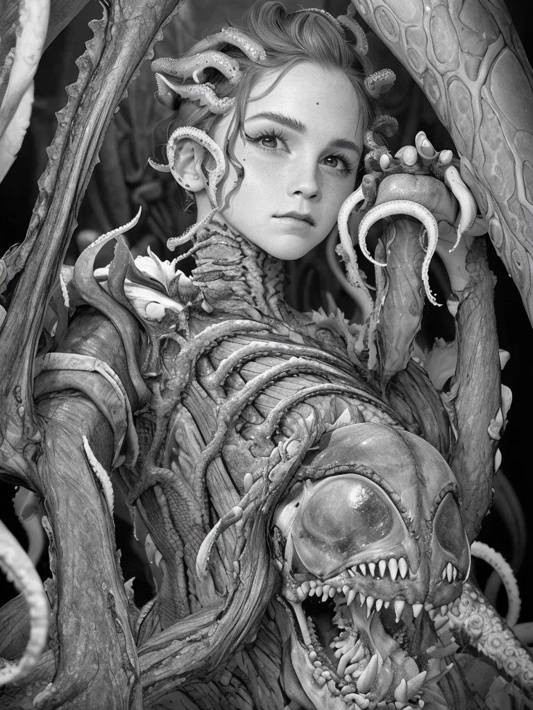 a detailed and beautiful girl trapped in an H.R. Giger style xenomorph relief, her body entwined by (tentacles:1.3), emotional female human face with Emma Watson, skeleton, octopus, crusu, monster, teeth, horror (theme), polished texture relief, black background, monochrome