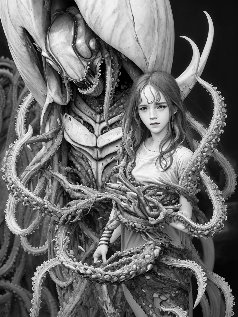 a detailed and beautiful girl trapped in an H.R. Giger style xenomorph relief, her body entwined by (tentacles:1.3), emotional female human face with Emma Watson, skeleton, octopus, crusu, monster, teeth, horror (theme), polished texture relief, black background, monochrome