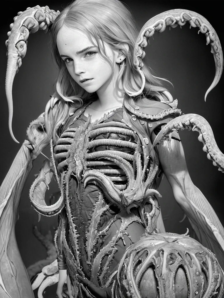 a detailed and beautiful girl trapped in an H.R. Giger style xenomorph relief, her body entwined by (tentacles:1.3), emotional female human face with Emma Watson, skeleton, octopus, crusu, monster, teeth, horror (theme), polished texture relief, black background, monochrome