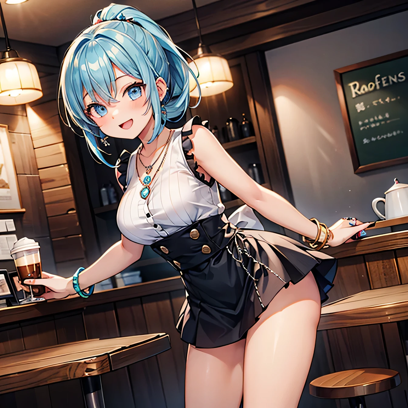 Anime Moe Art Style,Highest quality,High resolution,Anatomically correct,One Girl,Mid-teens,A girl with light blue hair in a ponytail,Super detailed,Fantasy World,Sleeveless blouse,mini skirt,Big Breasts,Shiny skin,Beautiful Skin,A rich expression,Laughing with your mouth open,Coffee shop,Waitress Uniform,Serving,Eyes drawn in detail,hair ornaments,necklace,bracelet,ring,8K