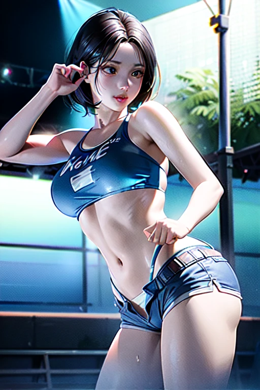 Squatting！、dynamicposes、legs spread out、eye glasses、darkskin、Sponsor Logo、(lightsmile:1.12),cyberpunked、Sleeveless、(Shiny colorful beach volleyball costume)、(magazine:1.3), (Colorful cover style:1.3),(Dripping wet body:1.15)、Hands behind your back(FULL BODYSHOT)、((​masterpiece))、 super fine face and eyes，Colorful Korean Idol Hairstyles，