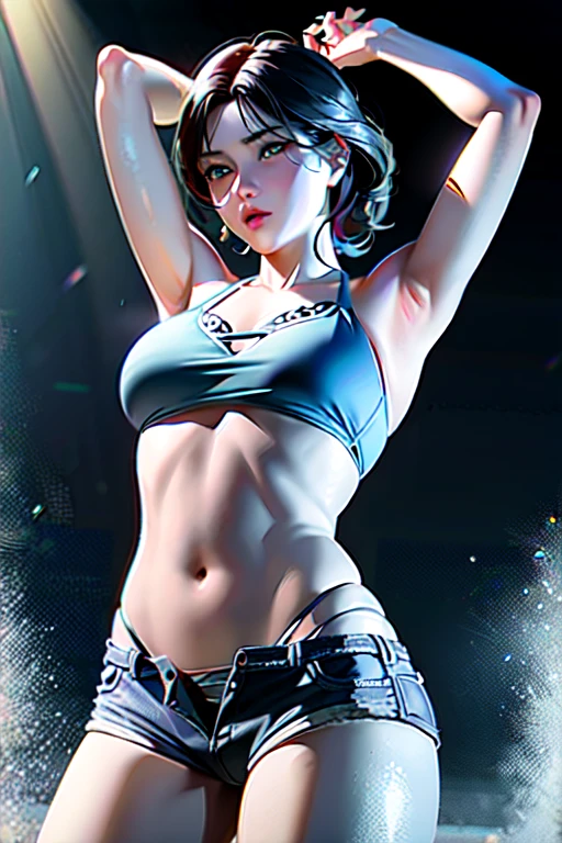 Kwon Eun-bi, forehead, female, raw,(8K, best quality, masterpiece:1.2),(intricate details:1.4),(realistic:1.4),octane rendering, complex 3d render very detailed, studio soft light, rim light, Vibrant details, very detailed, realistic skin texture, detailed face, beautiful detailed eyes, extremely detailed CG unity 8K wallpaper, assembly, (detailed background:1.2), (cowboy shot:1.2),(well aware),(complete anatomy:1.2), black hair, black eyes, WATERBOMB, jean shorts, ((hot pants)), beautiful body, (((light blue bikini))), ((Dancing and singing on an outdoor stage during the day)), wet, festival atmosphere, big bust