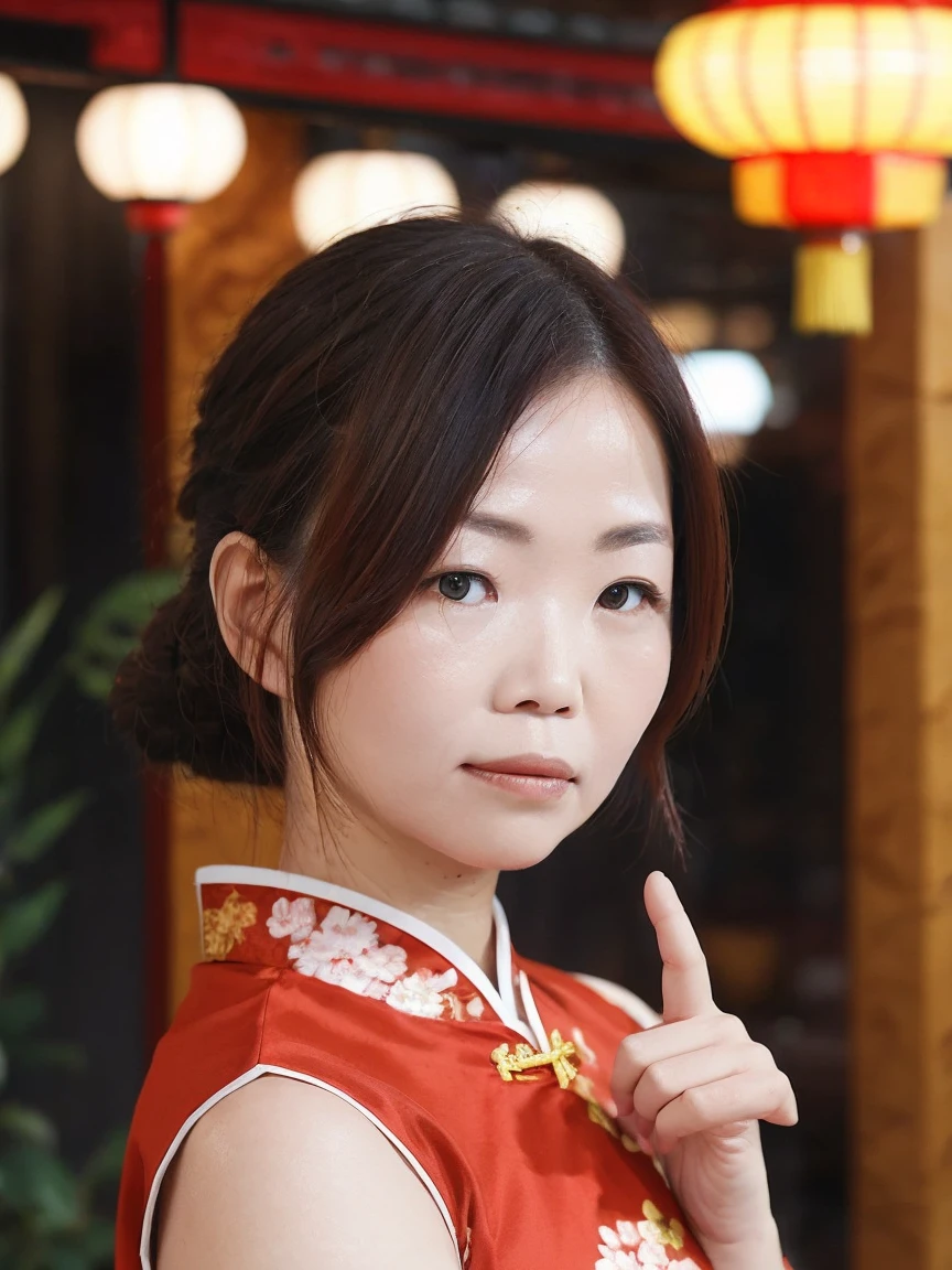 A woman wearing a Chinese dress、She is posing with a traditional Chinese garden as a backdrop。There are red lanterns and bamboo in the background.、Let the elegance and beauty of a woman shine through。