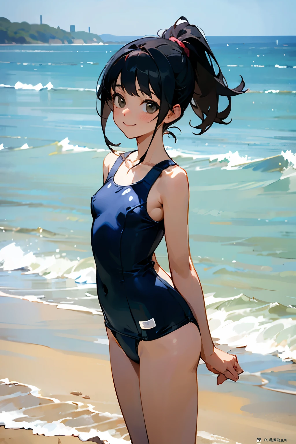 NSFW、In the best quality、age girl standing on a sandy beach。In high resolution、Beautiful details、Quiet atmosphere。Black hair ponytail、Cute Smile.。Small breasts、Cute School Swimsuit。