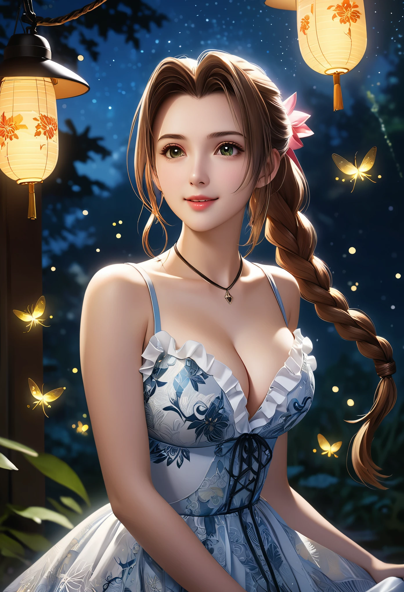 (((masterpiece))),((Highest quality)),Beautiful girl, Aerith, Sexy witch, bangs、(Long Hair, Braided ponytail:1.5)、(((huge firm bouncing bust, Deep cleavage)))、23 years old、Translucent white skin, Sweat, (Gorgeous frilled dress with intricate patterns:1.5)、Japanese girl、 Beautiful digital artwork, Beautiful fantasy art, dynamic sely poses, A kind smile, Mysterious Background, Aura, A gentle gaze, BREAK, Small faint lights and flying fireflies, night, lanthanum,