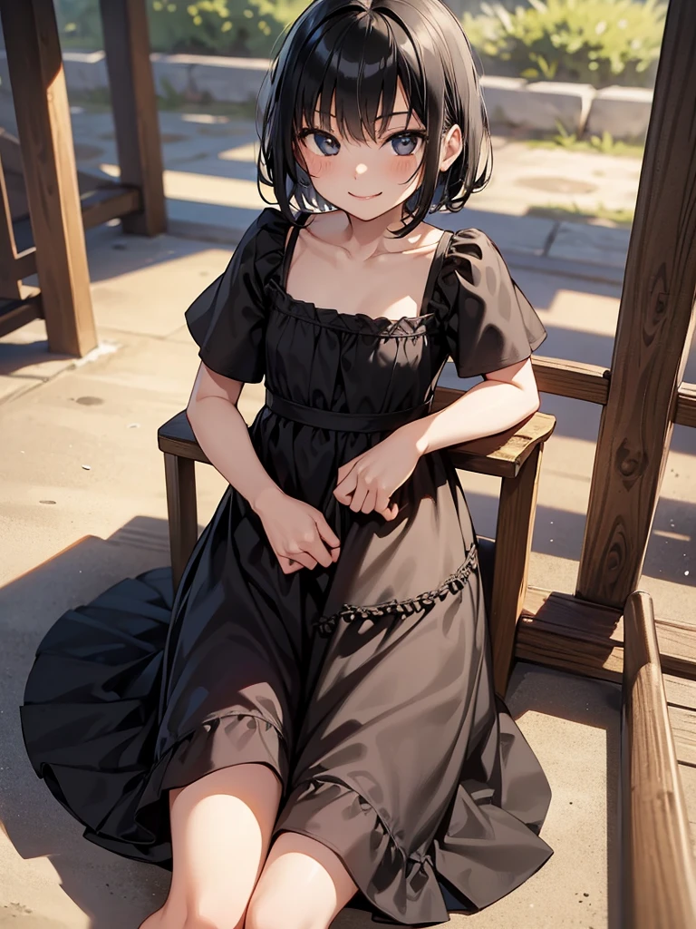 masterpiece, best quality, solo, (little girl), black hair, short hair, cowboy shot,
 seductive smile, sitting, crossed arms, black sundress, (dress lift), (flat chest), nipples, playground,