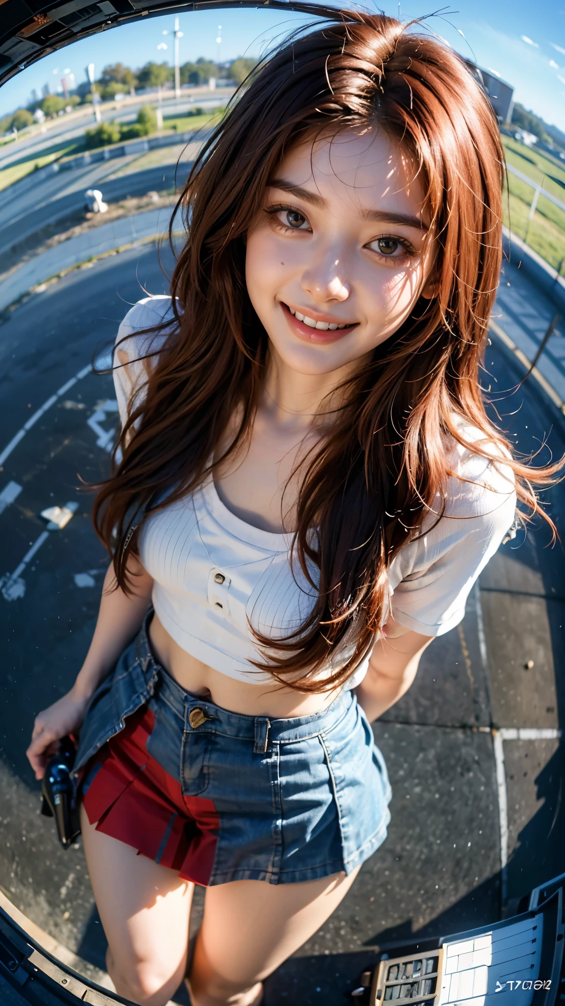 Highest quality, masterpiece, Ultra-high resolution,8K, (Realistic:1.6), (Facing portraits) RAW Photos, 1 Girl,(Full of smiles, Showing teeth)), 22 years old,((Korean Idol Karina Fashion)),((Miniskirt uniform and undershorts)),((Straight red long hair)),((Red hair fluttering in the wind)),((Looking up at the audience)),Face Focus:1.4,((Photographed from above with a fisheye lens:1.4)),((Background of airplane trails shining against the blue sky)), Image Media Chest)),((Smiling with teeth showing)),