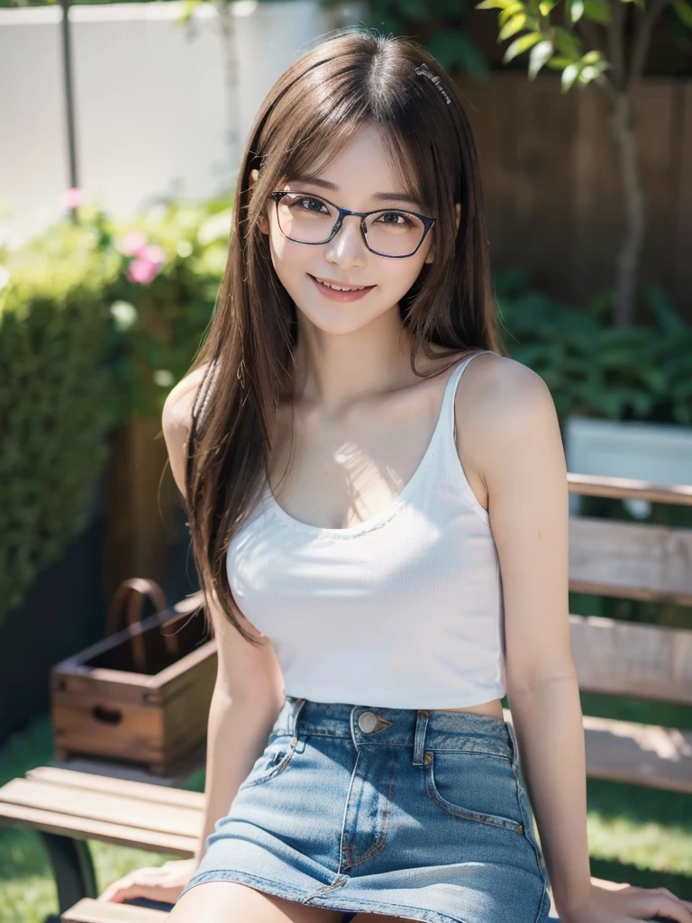 Beautiful young girl，Face lighting，最high quality， ((((Very smiling，White tank top，Denim mini skirt，Beautiful feet，Sit on a bench，garden)))，非常にBeautiful detailsな顔, (Slender body:1.4), (Detailed face:1.2), Conceptual Art, high quality, Realistic, Very detailed CG 統合 8k 壁紙, Very detailed, High resolution raw color photos, Professional photography, Cinematic Light, Beautiful details, Super detailed, Advanced Details, Depth of written boundary, Super stylish lighting, (Beautiful small chest:1.2), Smooth and flawless skin, Expressive and captivating eyes, Well-defined facial features, A perfectly balanced face, Fine Details and Realistic Textures，Blurred Background、Glasses with narrow frames