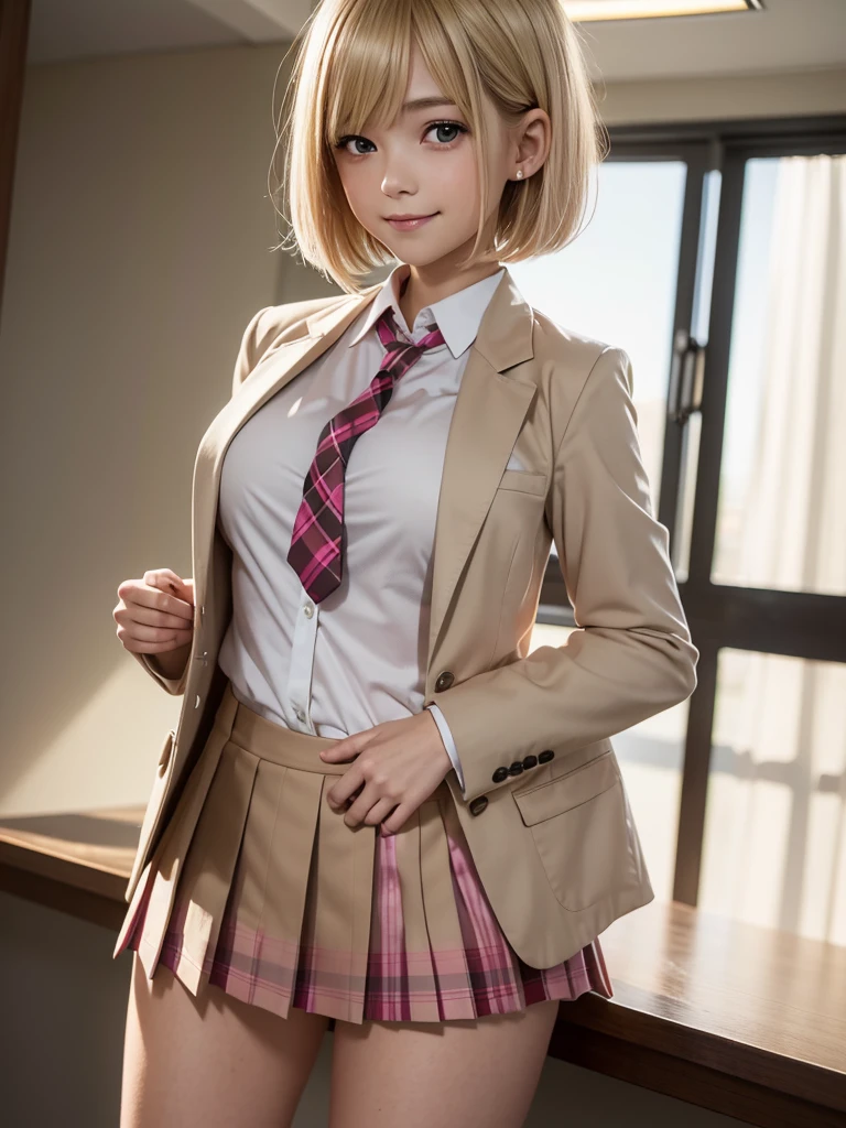 (8K, RAW Photos, Highest quality), Stand in the classroom of school, (((((((One woman))))))), ((Blonde)), ((Short Bob Hair)), ((Detailed eyes)), ((smile)), ((Red tie)), (((Beige closed blazer))), (((A pink plaid pleated mini skirt that wraps around the hips))), Asymmetrical bangs, 楽しそうなsmile, Thighs, knees, Random pose，pretty girl，Slender girl