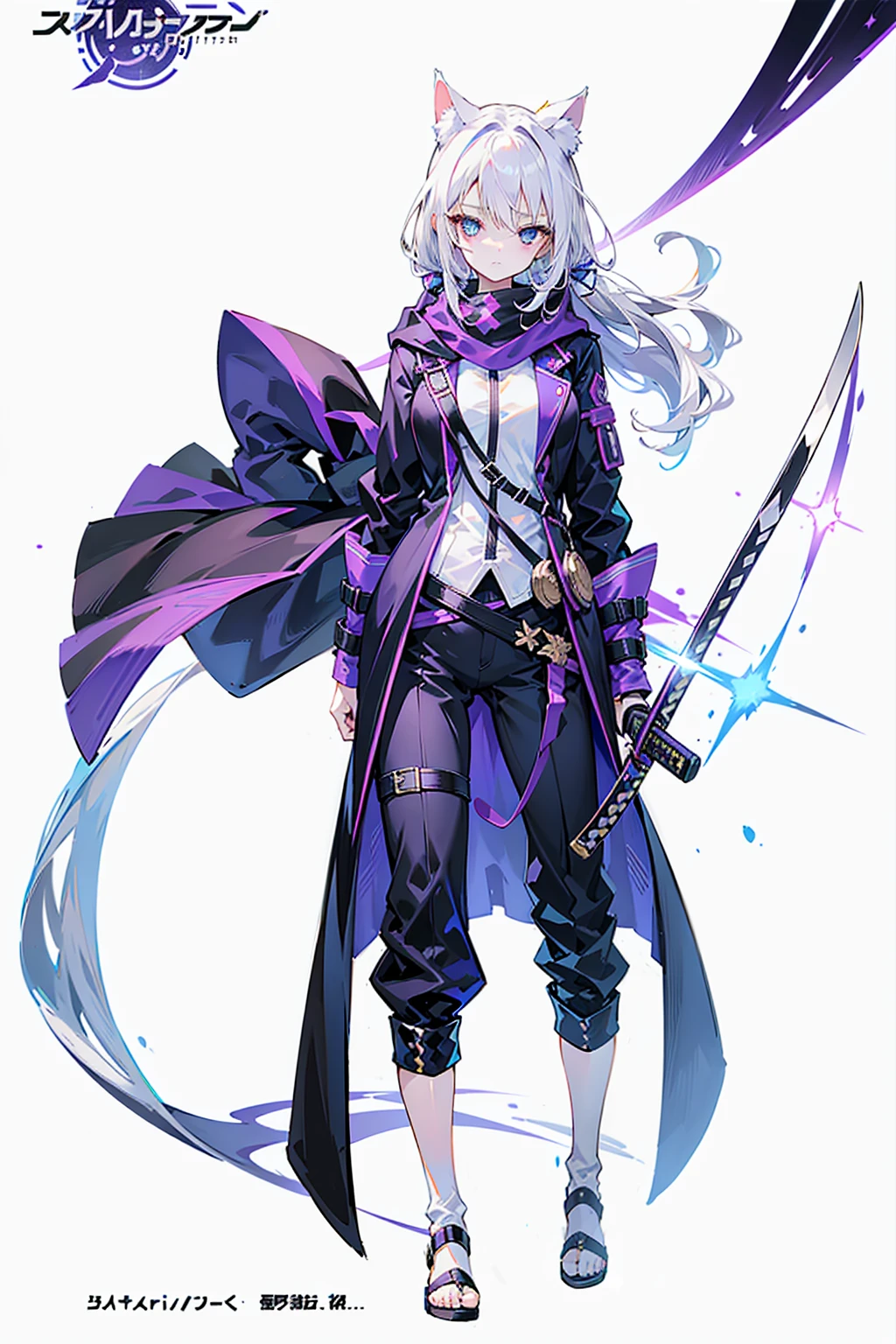 1 Girl,solo,(Loli image),(((white hair))),(The flattest),Delicate face and beautiful eyes,Fine hair,A particularly long strand of side hair),(Cat ear hood),One eye is covered by a hood,scarf,(White background 1::5),standing painting style,((Full Body Love)),(Delicate eyes),Leg strap,Purple and Black Cyberpunk Jacket,trousers,katana sword,lightning background