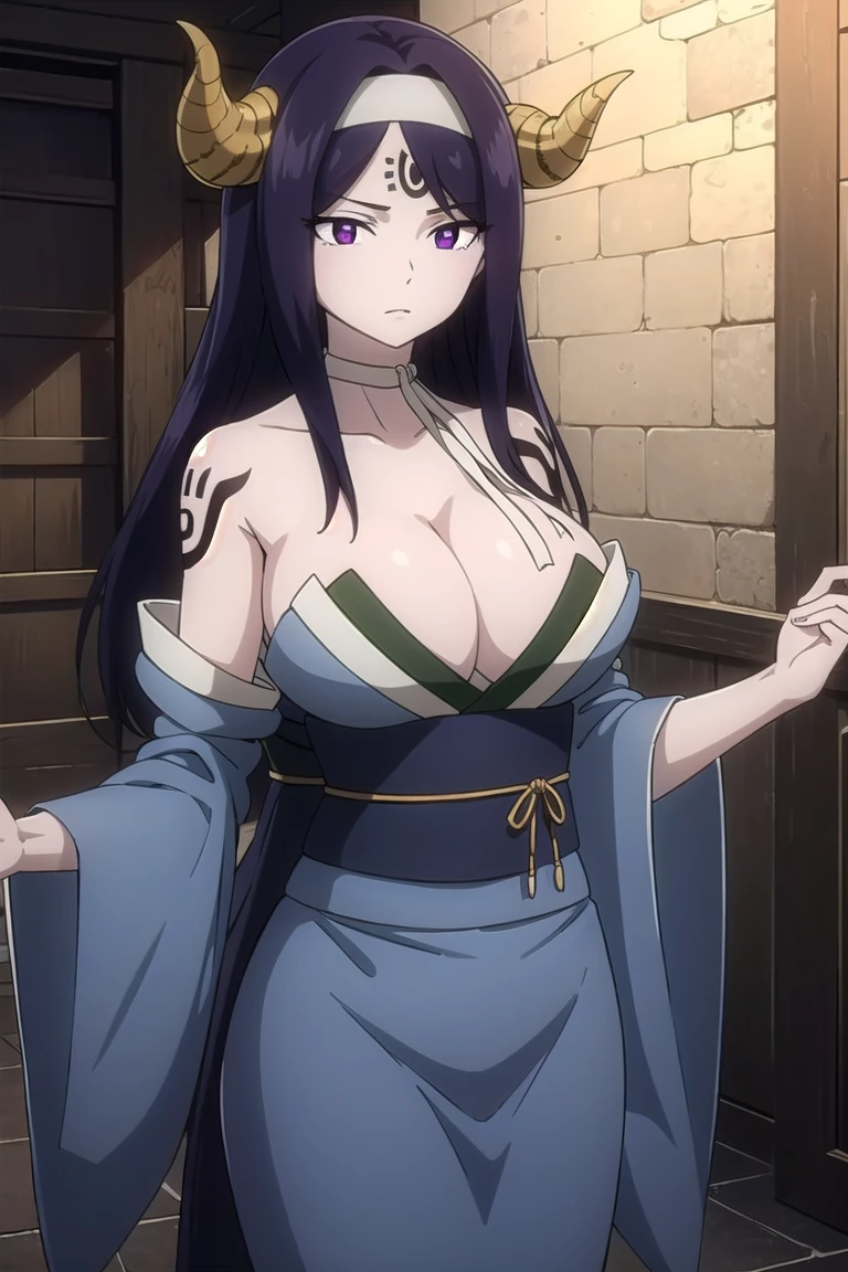 seilah, seilah, long hair, horns, purple hair, facial mark, forehead mark, (purple eyes:1.1), headband,
BREAK cleavage, japanese clothes, horns, choker, wide sleeves, kimono, sash, tattoos,
BREAK cowboy shot, looking at viewer,
BREAK outdoors,
BREAK (masterpiece:1.2), best quality, high resolution, unity 8k wallpaper, (illustration:0.8), (beautiful detailed eyes:1.6), extremely detailed face, perfect lighting, extremely detailed CG,