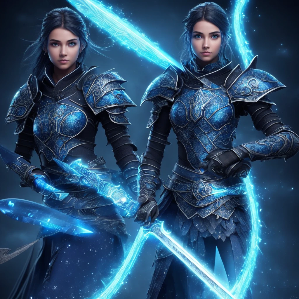 (Kizi)(ice-like blue skin)(Dark Blue Hair)(wearing technological armor made of ice)(wearing easy blue mascara with five holes made for a person who has five eyes)(six arms, three on each side, positioned in line)(ice blue energy ring made of several micro ice hearts interconnected to each other positioned behind the back)(blue aura of blue fire with ice features coating the body)(holding a single blue sword with a cosmic blade with a moon design)(one of the girl's six arms is completely mechanical)(appears from x-tale muffet)