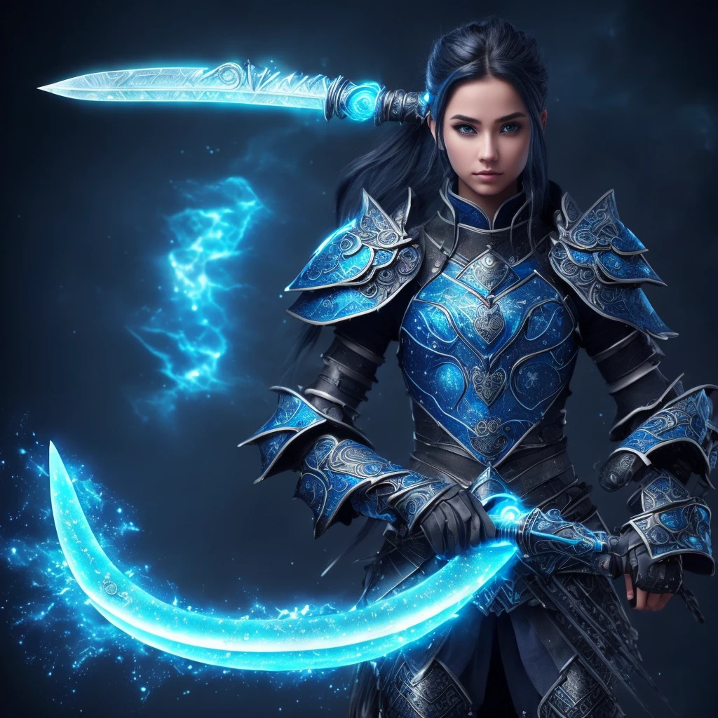(Kizi)(ice-like blue skin)(Dark Blue Hair)(wearing technological armor made of ice)(wearing easy blue mascara with five holes made for a person who has five eyes)(six arms, three on each side, positioned in line)(ice blue energy ring made of several micro ice hearts interconnected to each other positioned behind the back)(blue aura of blue fire with ice features coating the body)(holding a single blue sword with a cosmic blade with a moon design)(one of the girl's six arms is completely mechanical)(appears from x-tale muffet)