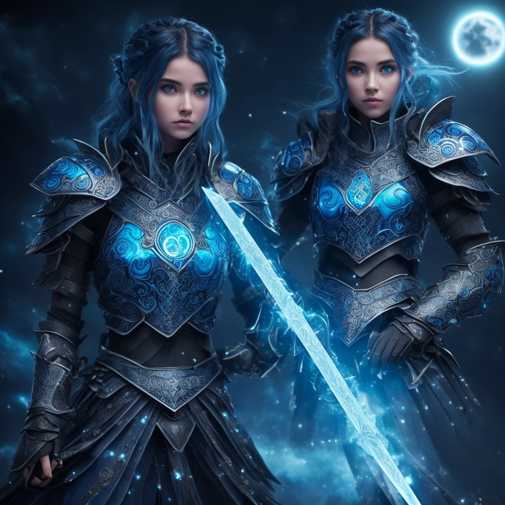 (Kizi)(ice-like blue skin)(Dark Blue Hair)(wearing technological armor made of ice)(wearing easy blue mascara with five holes made for a person who has five eyes)(six arms, three on each side, positioned in line)(ice blue energy ring made of several micro ice hearts interconnected to each other positioned behind the back)(blue aura of blue fire with ice features coating the body)(holding a single blue sword with a cosmic blade with a moon design)(one of the girl's six arms is completely mechanical)(appears from x-tale muffet)
