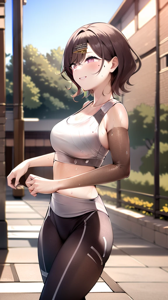 masterpiece,best quality,highres,ultra-detailed,aamadoka,(mole under eye:0.8), purple eyes,short hair,bangs,hairclip,sports bra,(leggings:1.2),outdoors,cherry blossoms,smile,sweat,running,