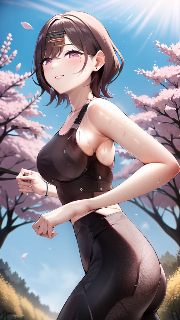 masterpiece,best quality,highres,ultra-detailed,aamadoka,(mole under eye:0.8), purple eyes,short hair,bangs,hairclip,sports bra,(leggings:1.2),outdoors,cherry blossoms,smile,sweat,running,