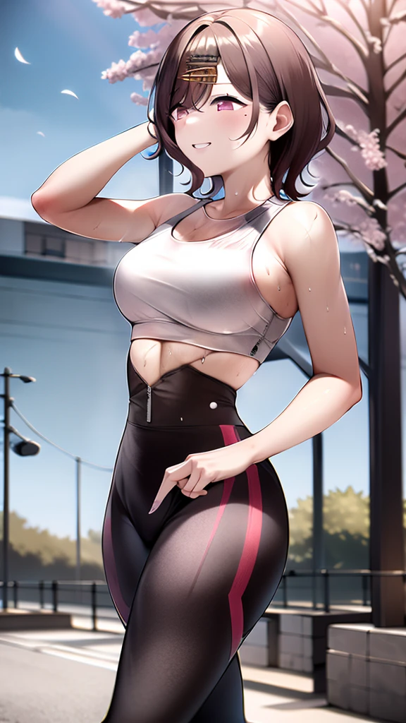 masterpiece,best quality,highres,ultra-detailed,aamadoka,(mole under eye:0.8), purple eyes,short hair,bangs,hairclip,sports bra,(leggings:1.2),outdoors,cherry blossoms,smile,sweat,running,