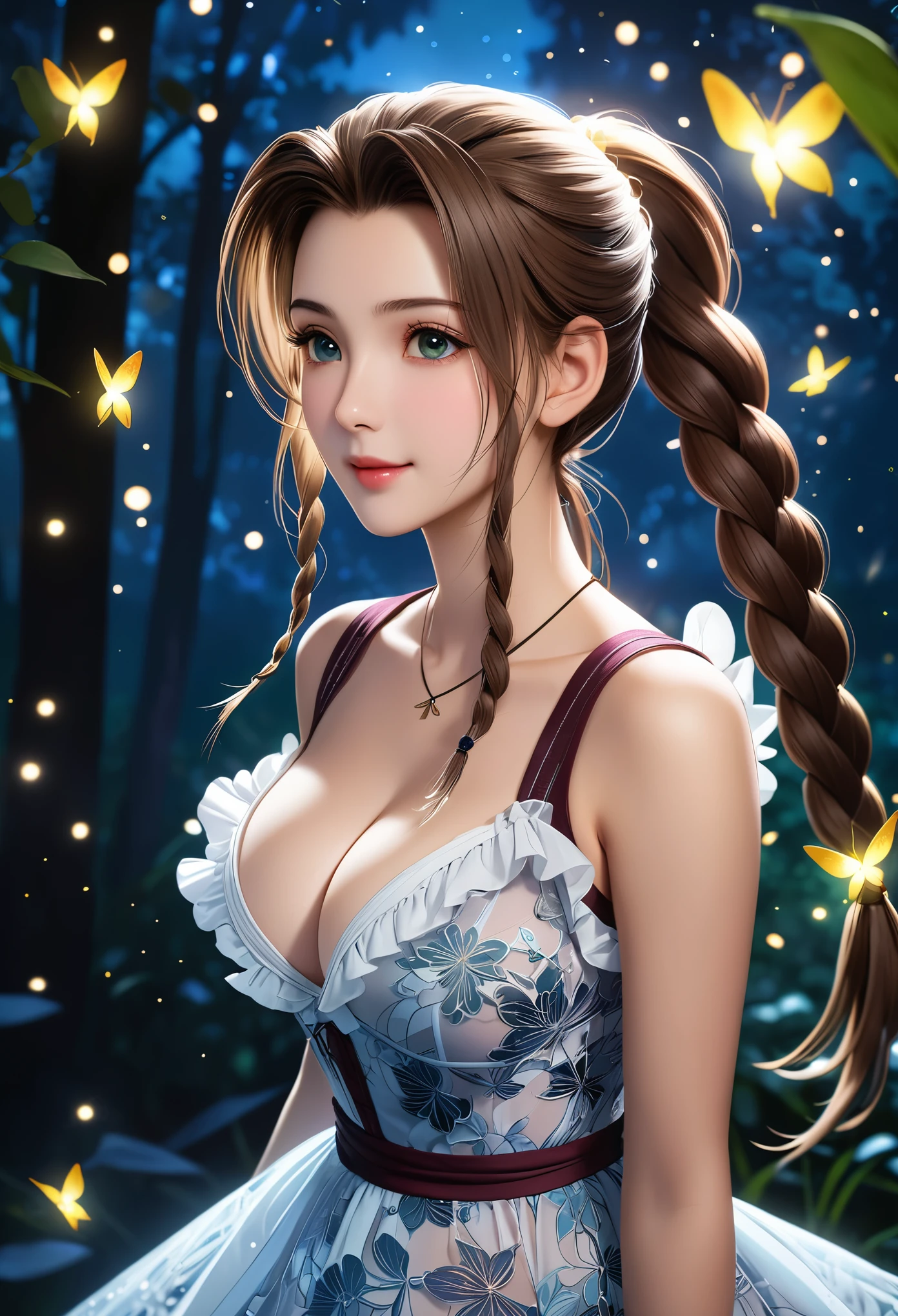 (((masterpiece))),((Highest quality)),Beautiful girl, Aerith, Sexy witch, bangs、(Long Hair, Braided ponytail:1.5)、(((huge firm bouncing bust, Deep cleavage)))、23 years old、Translucent white skin, Sweat, (Gorgeous frilled dress with intricate patterns:1.5)、Japanese girl、 Beautiful digital artwork, Beautiful fantasy art, dynamic sely poses, A kind smile, Mysterious Background, Aura, A gentle gaze, BREAK, Small faint lights and flying fireflies, night, lanthanum,