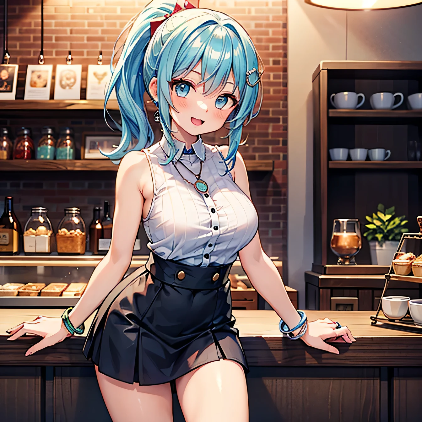 Anime Moe Art Style,Highest quality,High resolution,Anatomically correct,One Girl,Mid-teens,A girl with light blue hair in a ponytail,Super detailed,Fantasy World,Sleeveless blouse,mini skirt,Big Breasts,Shiny skin,Beautiful Skin,A rich expression,Laughing with your mouth open,Coffee shop,Waitress Uniform,Serving,Eyes drawn in detail,hair ornaments,necklace,bracelet,ring,8K