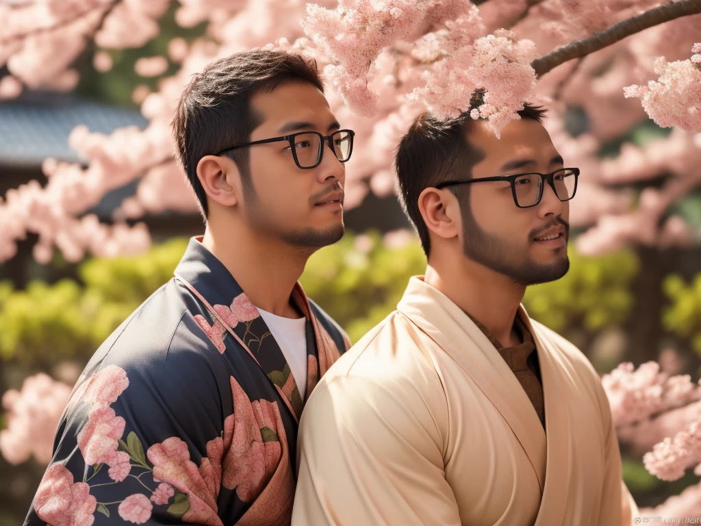 An award-winning original photo，a handsome 38-year-old man, crew cut, (((full body))), (((landscape))), mature man, [slightly fat], asian man, brown eyes, rounded face, glasses, slightly balding, 1boy, Solo, (big shoulders), (((stubbles, Short beard))), (((full beard))), (Beautiful eyes:1.3), (Detailed face:1.3), wearing glasses, Dynamic Angle, volumetric lighting, (Best quality, A high resolution, Photorealistic), Cinematic lighting, Masterpiece, RAW photo, Intricate details, (extremely detailed 8k wallpaper), masterpiece 16k photo, traditional kimono for man, sakura petals flow with the wind, raise the japanese wine cup under sakura tree, cheers,