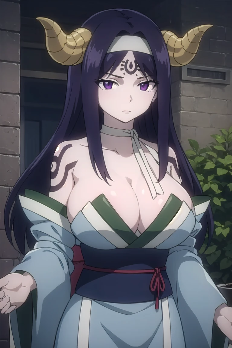 seilah, seilah, long hair, horns, purple hair, facial mark, forehead mark, (purple eyes:1.1), headband,
BREAK cleavage, japanese clothes, horns, choker, wide sleeves, kimono, sash, tattoos,
BREAK cowboy shot, looking at viewer,
BREAK outdoors,
BREAK (masterpiece:1.2), best quality, high resolution, unity 8k wallpaper, (illustration:0.8), (beautiful detailed eyes:1.6), extremely detailed face, perfect lighting, extremely detailed CG,