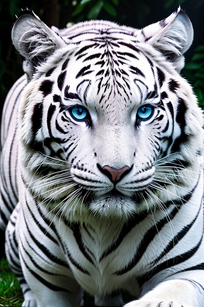 Create a white tiger fur cat withlight blue eyes. Make it look a little big and have a scary aura