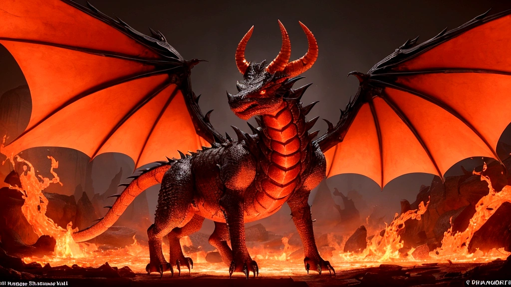 A giant hell animal with four legs, has sharp nails, a dragon-like head and horns, has 4 wings and a 2-pronged tail, has 2 eyes on the right and left that burn like lava, and has red scaly skin and emits black flames.