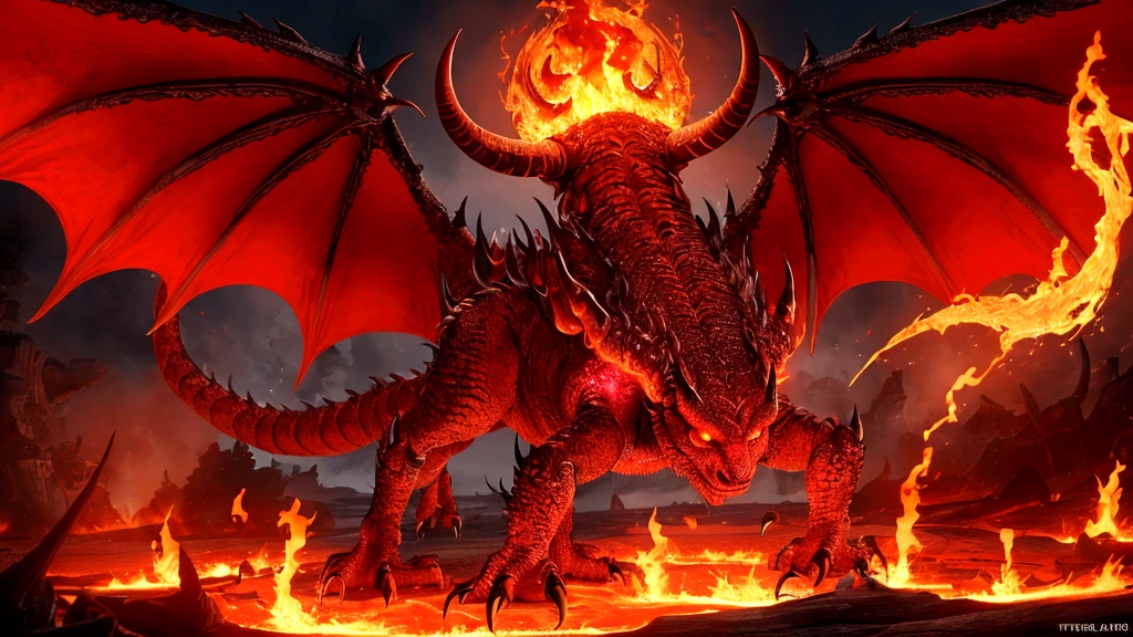 A giant hell animal with four legs, has sharp nails, a dragon-like head and horns, has 4 wings and a 2-pronged tail, has 2 eyes on the right and left that burn like lava, and has red scaly skin and emits black flames.