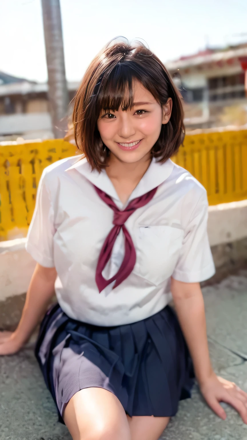 Close-up、(Realistic、Like a photograph、Live Action、8K, Realistic, RAW Photos, Best image quality: 1.4), Single-lens reflex camera、RAW Photos, Highest quality, Realistic, Very detailed CG Unity 8k wallpaper, Written boundary depth, Cinematic Light, Lens flare, Ray Tracing, Realistic background、Many people々:1.4、((Japanese schoolgirl:1.form:1.3、Uniform skirt:1.3)、Big Breasts)、((ultra high density skin))、 female,Cute school girl、((Girls cheering in the schoolyard、support、(whole body:1.5)、Smiling at school in Japan))、Pink inner color hair、short hair:1.2、Tie your hair with a hair clip、I like that style、stylish、Very detailed、Pay attention to the details、Perfect outfit、(Sunburned skin)、Beautiful feet:1.1,front