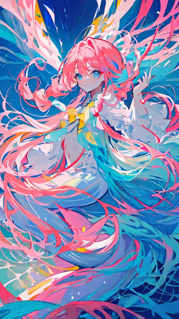 Mermaid, dark skinner, coral pink tail with yellow accents , dynamic posing, in the sea, blue and pink hair, braided, blue eyes, masterpiece, beautiful lighting