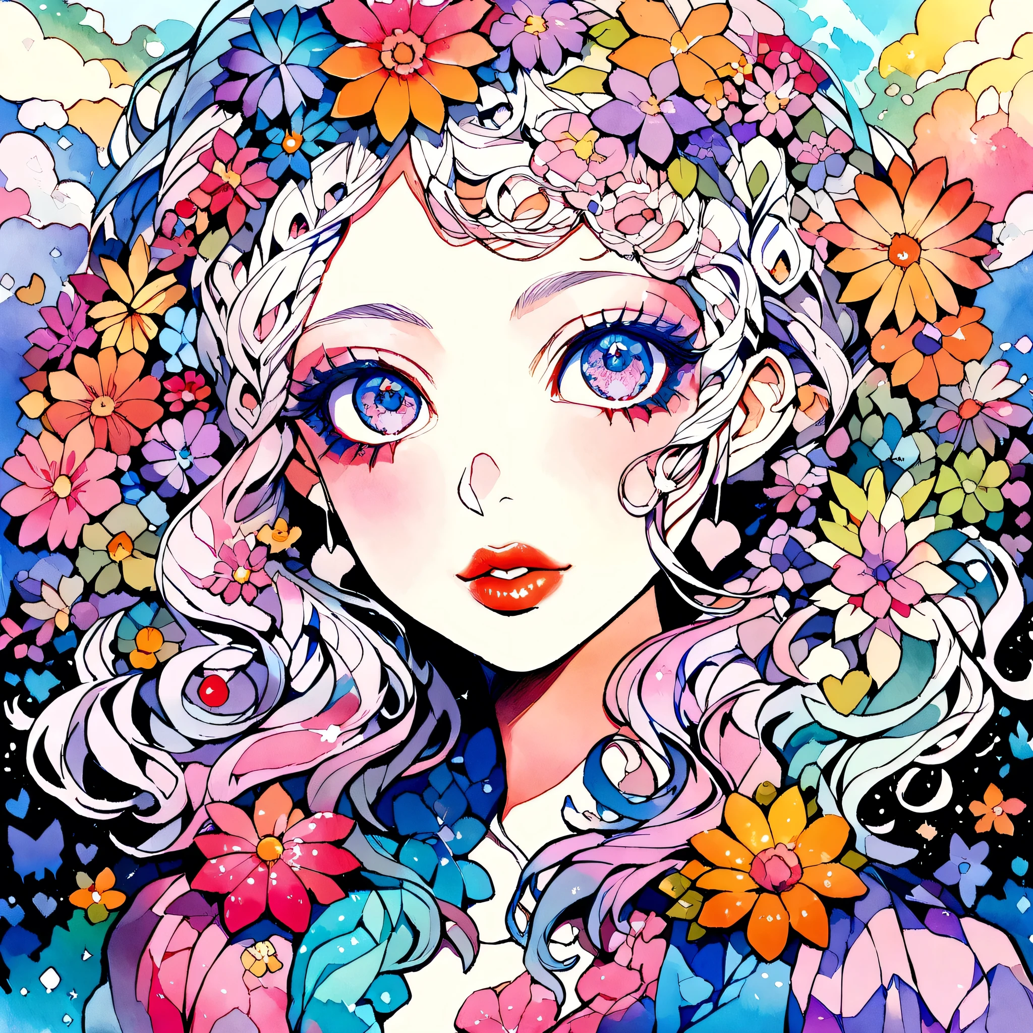 Mai Yoneyama Style、(((stylish fashion))), 8K Quality、Intense watercolor, Detailed watercolor art, Watercolor splash, Surreal, avant-garde pop art, Beautiful and expressive paintings, Beautiful artwork illustration, Very colorful tones, wonderful, Cool beauty, highest quality、Official Art, Vector art, Stylish design, (((The most beautiful girl))), (((highest quality))), HDR, ((detailed)), (((Doodle Art)), ((masterpiece)), ((Super detailed)), (((Colorful flowers))),(((Stylish))), Lips in love