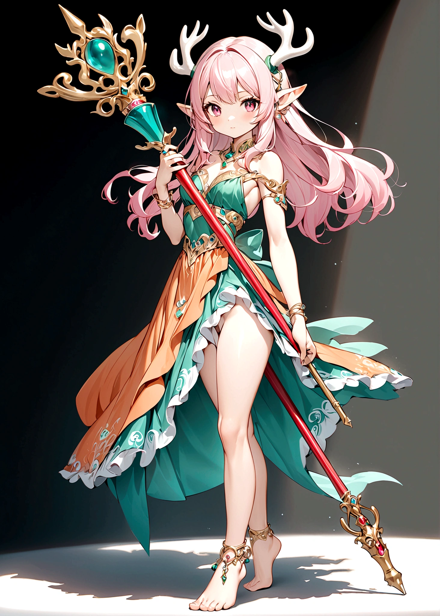 Cartoon anime style,beautiful girl,Fluffy pink hair,antlers,Elf ears,orangeskirt,Scepter,Standing barefoot,Foot ring。(((Correct human anatomy)))