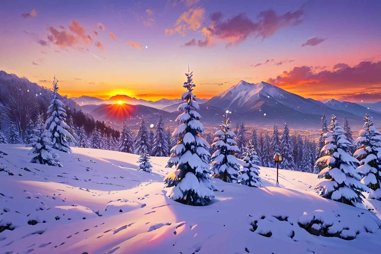 arafed view of a snowy mountain with a sunset in the background, cold but beautiful, warm beautiful scene, beautiful snowy landscape, snowy hill at sunrise, cold sunset, winter setting, beautiful winter area, mountains and colorful sunset!!, winter atmosphere, beautiful and spectacular dusk, carpathian mountains, winter landscape outside, in the snow mountains