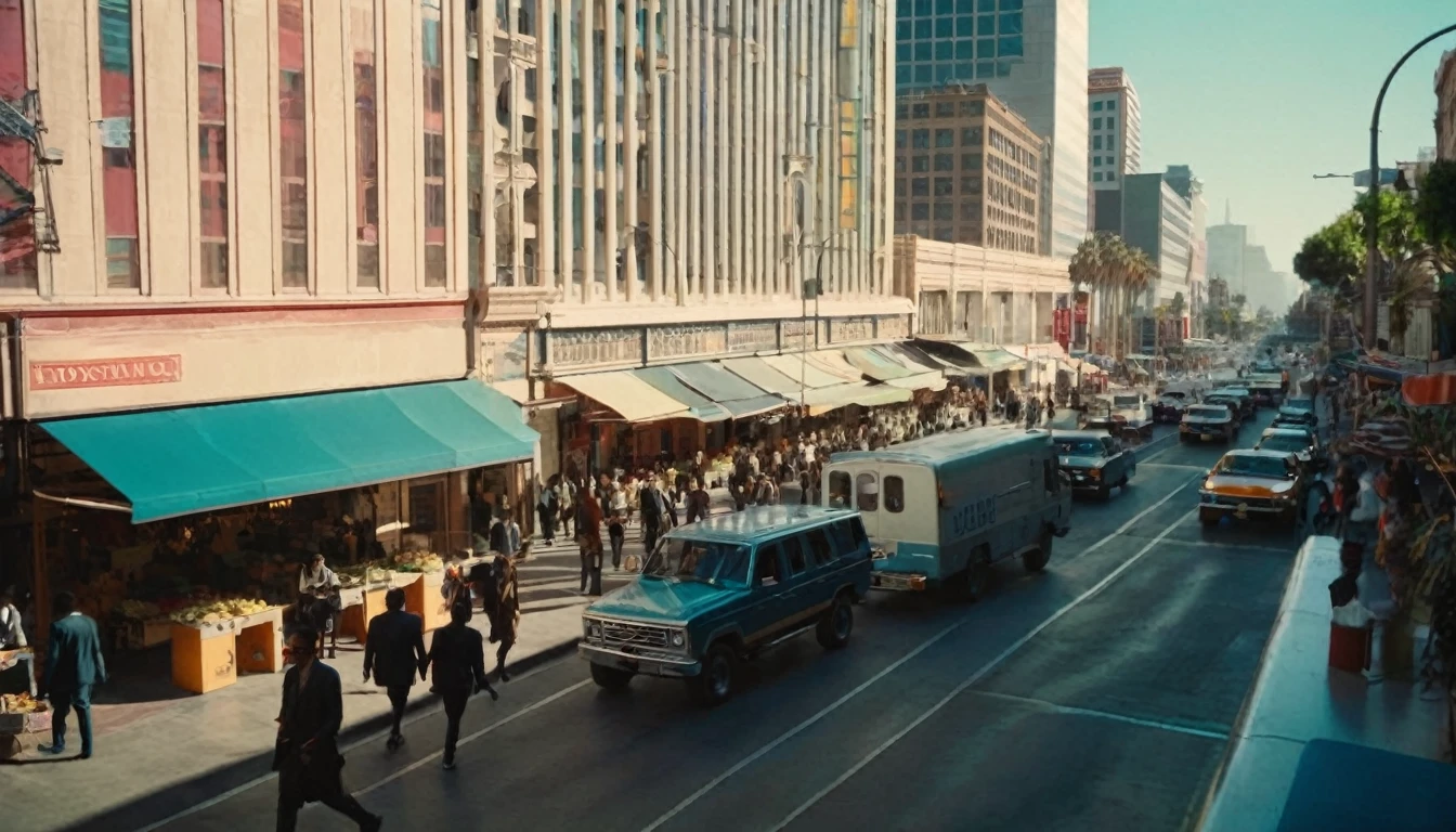 high angle camera view from above people walking in a pedestrian street in a megacity at morning time, in the heart of the The dysoptian futuristic megacity there are street vendors a different people walking in futuristic clothes. Different buildings cover the side of the street, the natural light of the sun illuminates at daytime. Bustling city of Los Angeles with many skyscrapers in the background, Natural lights, neutral colors, lomochrome, vintage color tones, dramatic, dynamic composition.Lifelike textures, sharp focus, depth of field, cinematic lighting, Contrast lighting, volumetric lighting, best shadows,sharp focus, depth pf field, photorealism, Realism, Cinematic, Photoreal, 35mm film Screengrab a Super Panavision 70 film, in color. best quality , hdr, uhd, 8k, 35 mm film, analog camera shot.