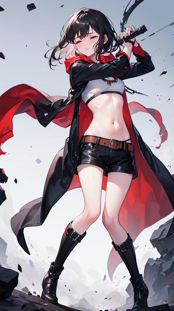 Girl, Navel exposed, Wearing boots, Being attacked by enemies, He closes his eyes in pain and cries, Wearing a jacket